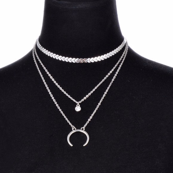 Herringbone Moon Horn Multilayer Silver Choker - Picture 1 of 5